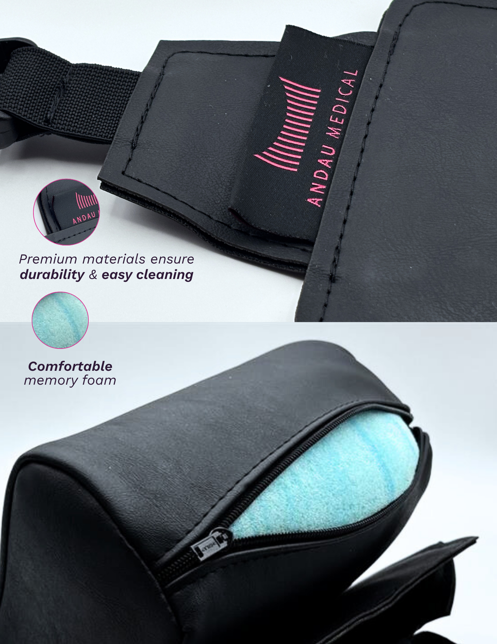 Andau Cloud Dental Positioning Pillow with memory foam padding and Andau Medical branding, featuring durability and comfort text.